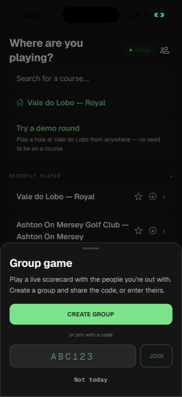 Group game: create a group and share the code, or join with a code