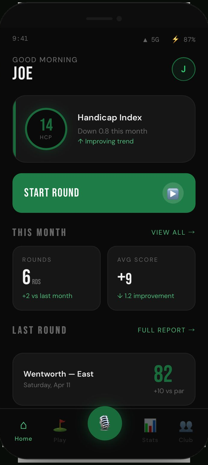 MyCaddi home screen - handicap tracking, monthly stats, and round history